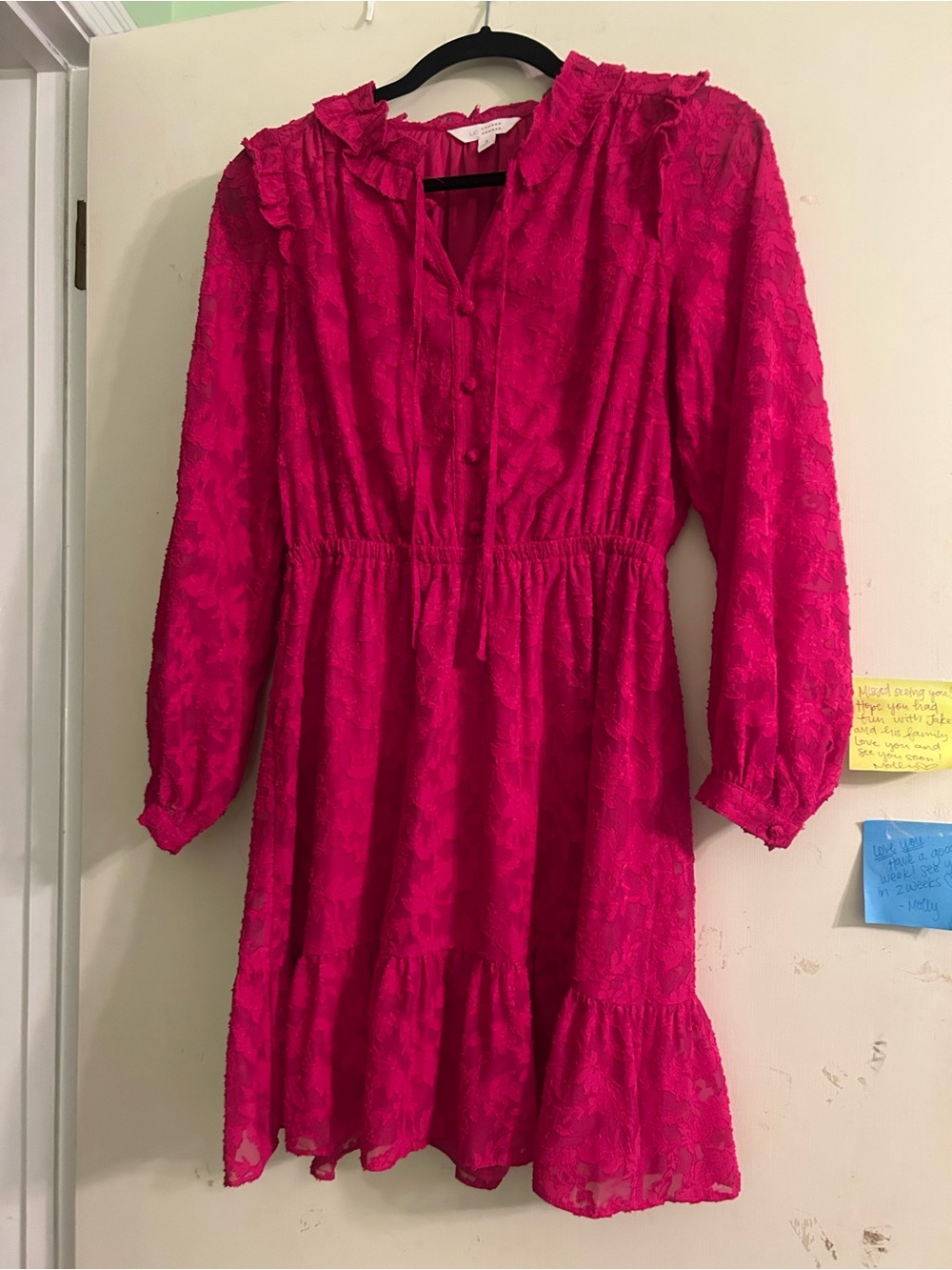 Fuchsia Ruffle-Trim Long Sleeve Dress